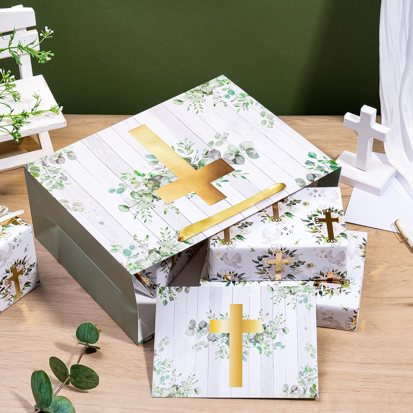 WRAPAHOLIC 13" Large Religious Gift Bag with Card and Tissue Paper - Gold Foil Eucalyptus Cross Design for First Communion, Easter, Baby Baptisms, Christenings