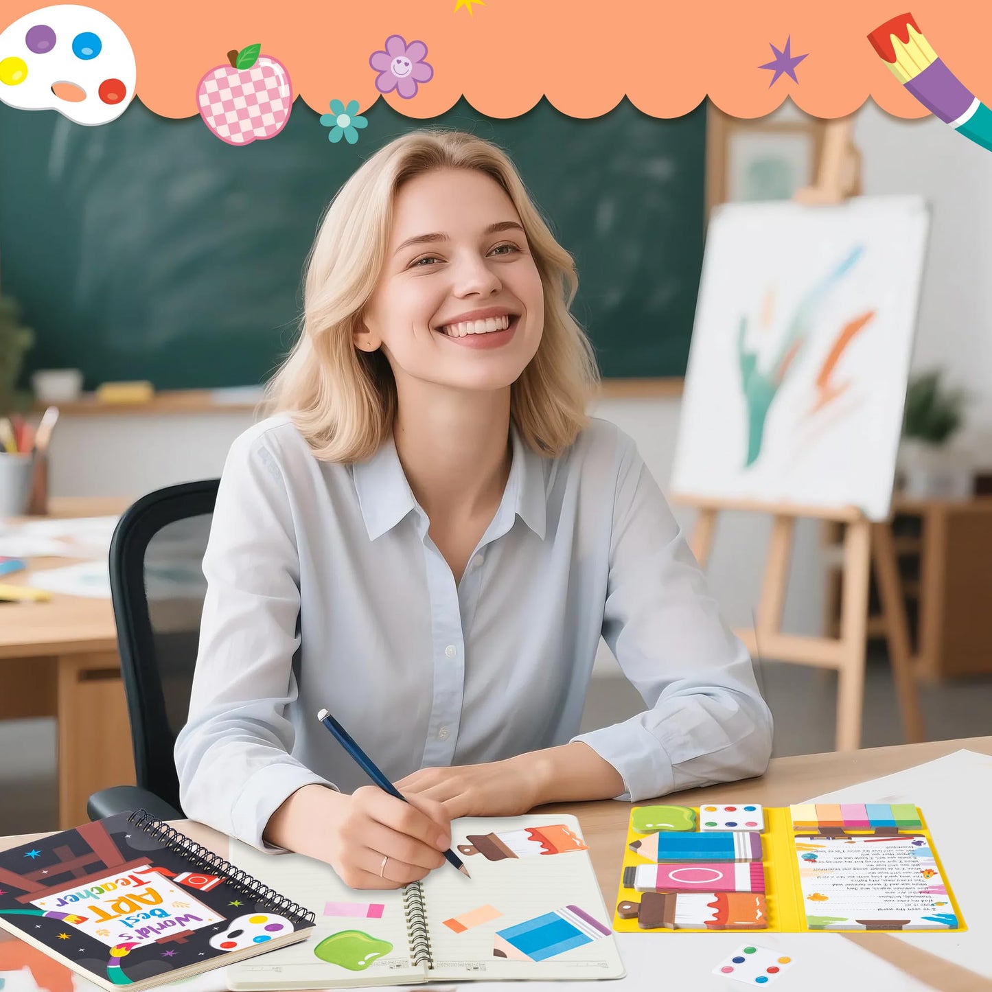 B1ykin Teacher Appreciate Stationery Gift Set - 3Pcs It's a Good Day To Make Art A5 Spiral Notebook & 550 Sheets Sticky Notes with Pen, Back to School Gift with Box for School Office (Art Teacher)