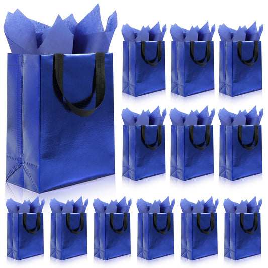 Addblu 12 Pack Reusable Gift Bags with Handles & 24 Tissue Papers, 10x4x8 Inch Iridescent Gift Bags with Cardboard Bases for Shopping, Parties, Birthdays, Weddings, Holiday, Father's Day (Blue Gift Bag)