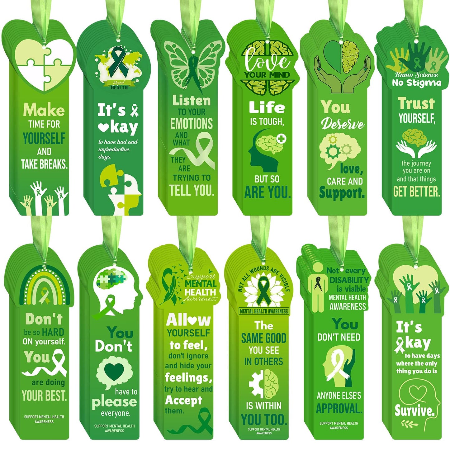 Skyygemm 120 Pcs Mental Health Awareness Bookmarks Green Positive Psychology Affirmation Therapy Inspirational Bookmarks Spiritual Gifts Mental Health Month Event Classroom Stationery Handout Supplies