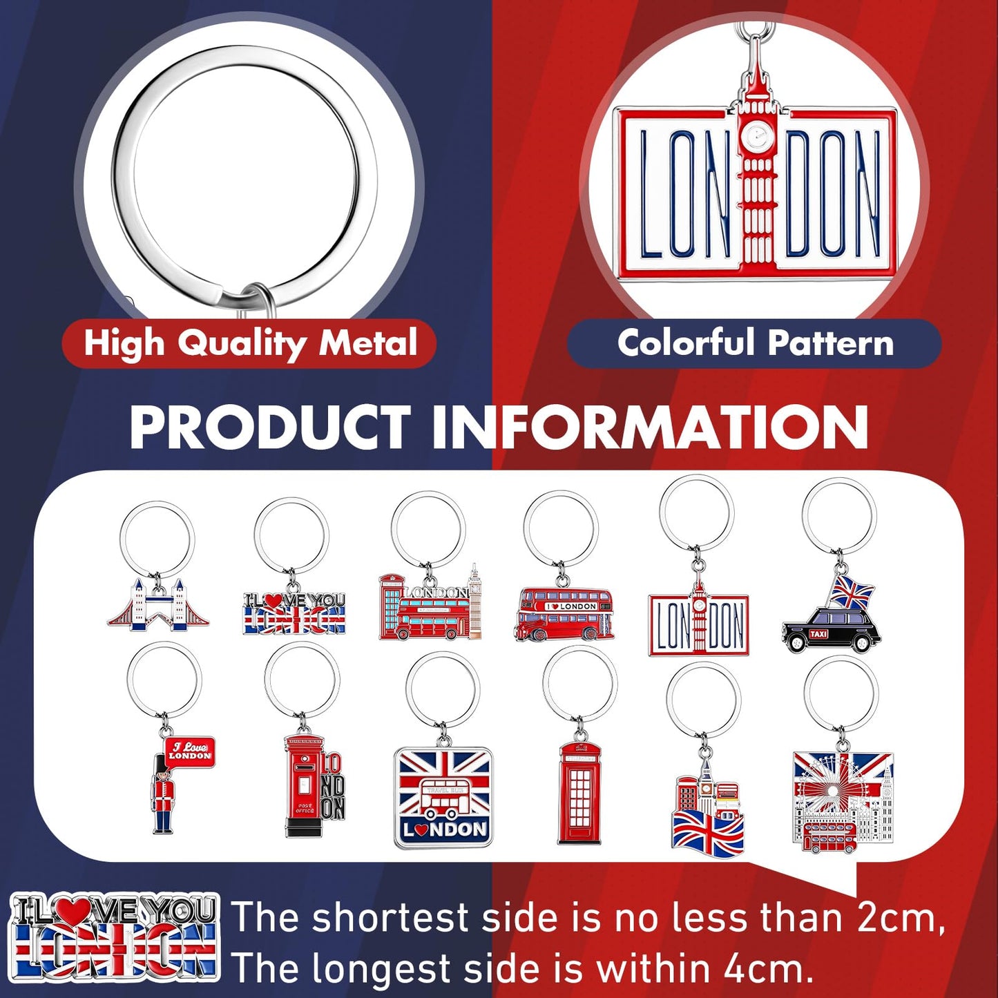 Landical 12 Pcs London Metal Keychain Key Rings Bulk London Travel Souvenirs for Women Men Friends British Christmas