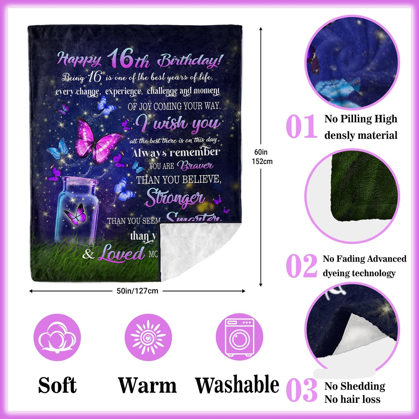 Ryubein Sweet 16 Gifts for Girls, 16th Birthday Gifts for Girls, Sweet Sixteen Gifts for Girl, 16 Year Old Girl Birthday Gift Ideas, Presents for 16th Birthday Decorations Blanket 50" X 60"