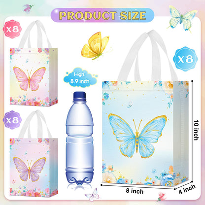 Locmeo 24 Pcs Butterfly Party Favor Bags with Handles Reusable Non Woven Butterfly Goodie Bags Pink Blue and Purple Candy Treat Gift Bag for Girl Boy Birthday Baby Shower Party, 8 x 4 x 10 Inch