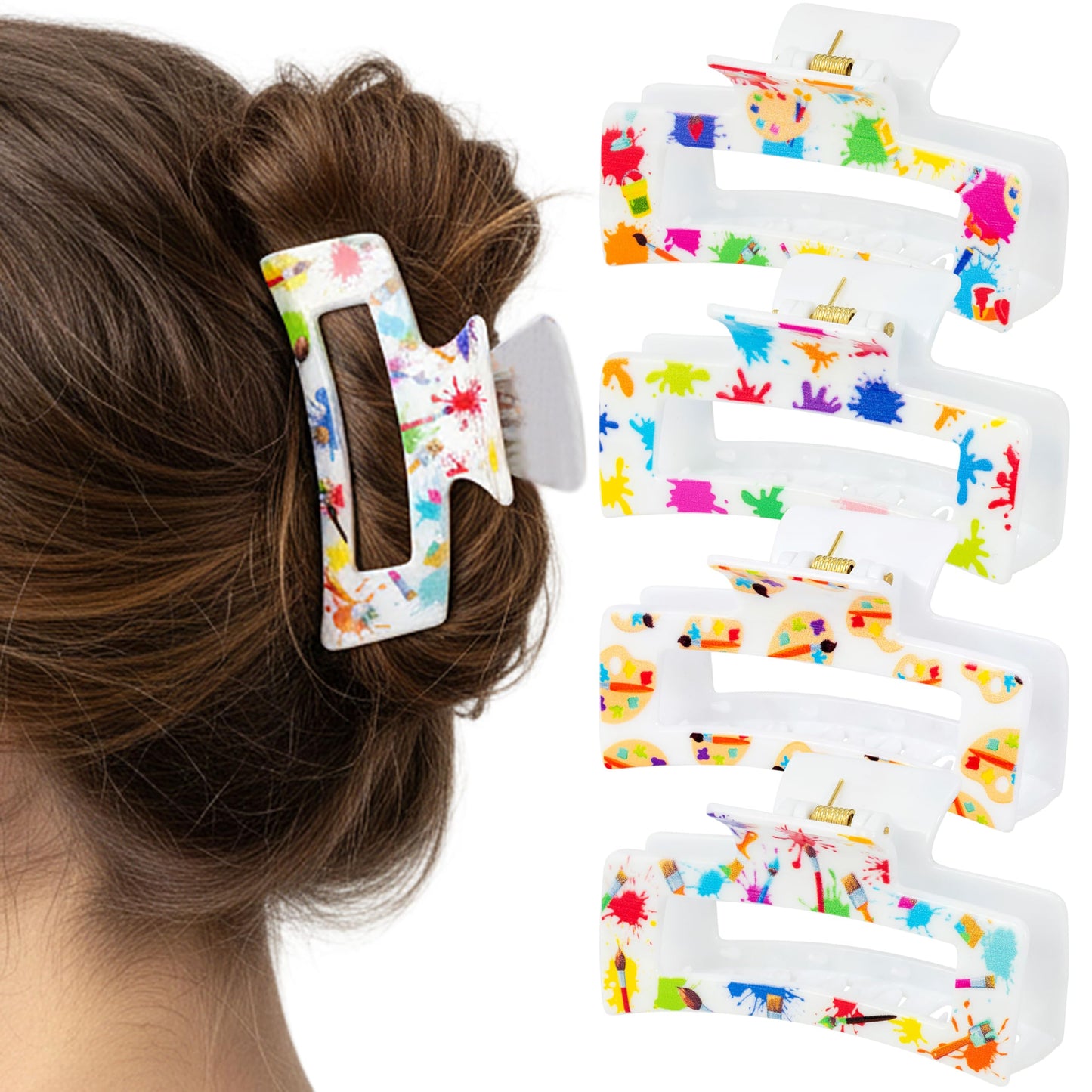 PANTIDE 4Pcs Art Painting Hair Claw Clips for Women Girls - Back to School Artistic Brushes Palette Rectangle Nonslip Hair Clip, Thin Thick Short Long Curly Hair Accessories, Art Teacher Birthday Gift