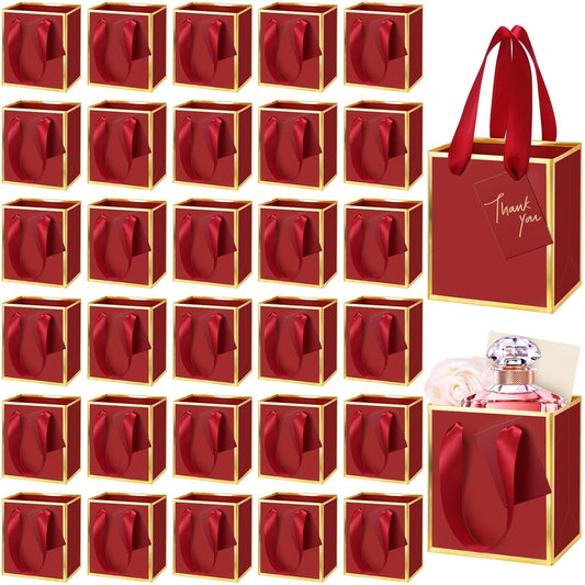 Yeaqee 50 Pcs Mini Metallic Paper Gift Bags with Handles 4x2.75x4.5'' Tiny Small Gift Bags with Thank You Tag for Wedding Graduation Birthday Party Return Gifts Jewelry Business (Burgundy Red,Gold)