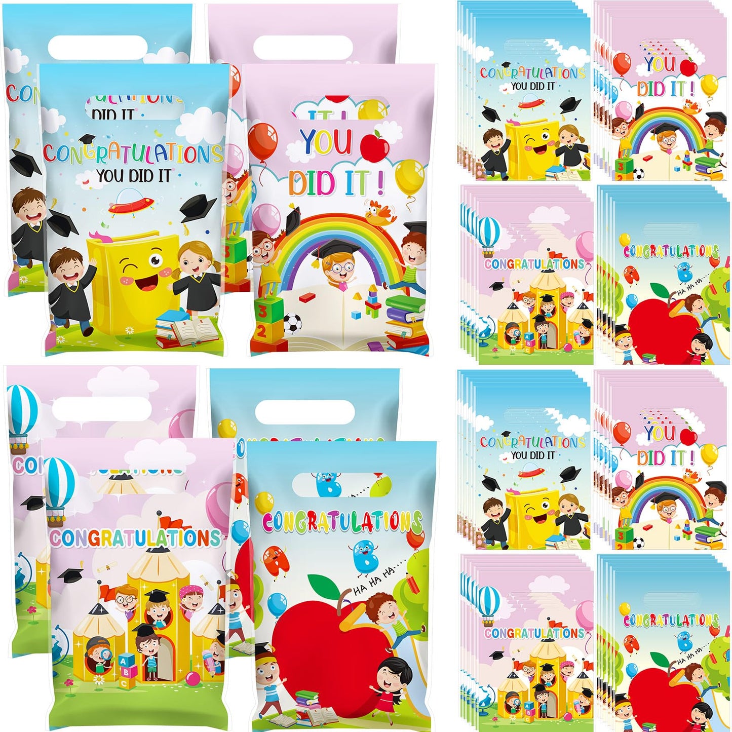 Chivertion 100 Pcs Preschool Graduation Plastic Gift Bags Bulk Kindergarten Graduation Merchandise Treat Bags with Handle for Kids