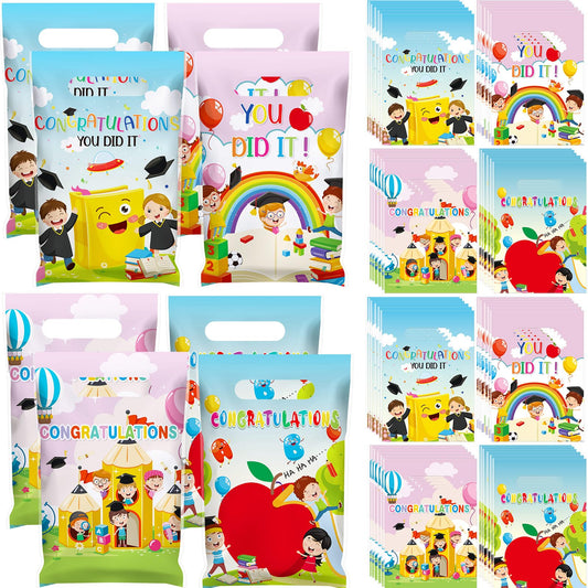 Chivertion 100 Pcs Preschool Graduation Plastic Gift Bags Bulk Kindergarten Graduation Merchandise Treat Bags with Handle for Kids