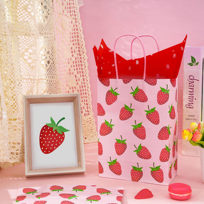 Whaline 16 Pcs Strawberry Party Favor Bags with 20 Sheets Red Tissue Paper Pink Paper Gift Bags with Handles Fruit Goodie Treat Bag for Sweet One Birthday Baby Shower Party Supplies