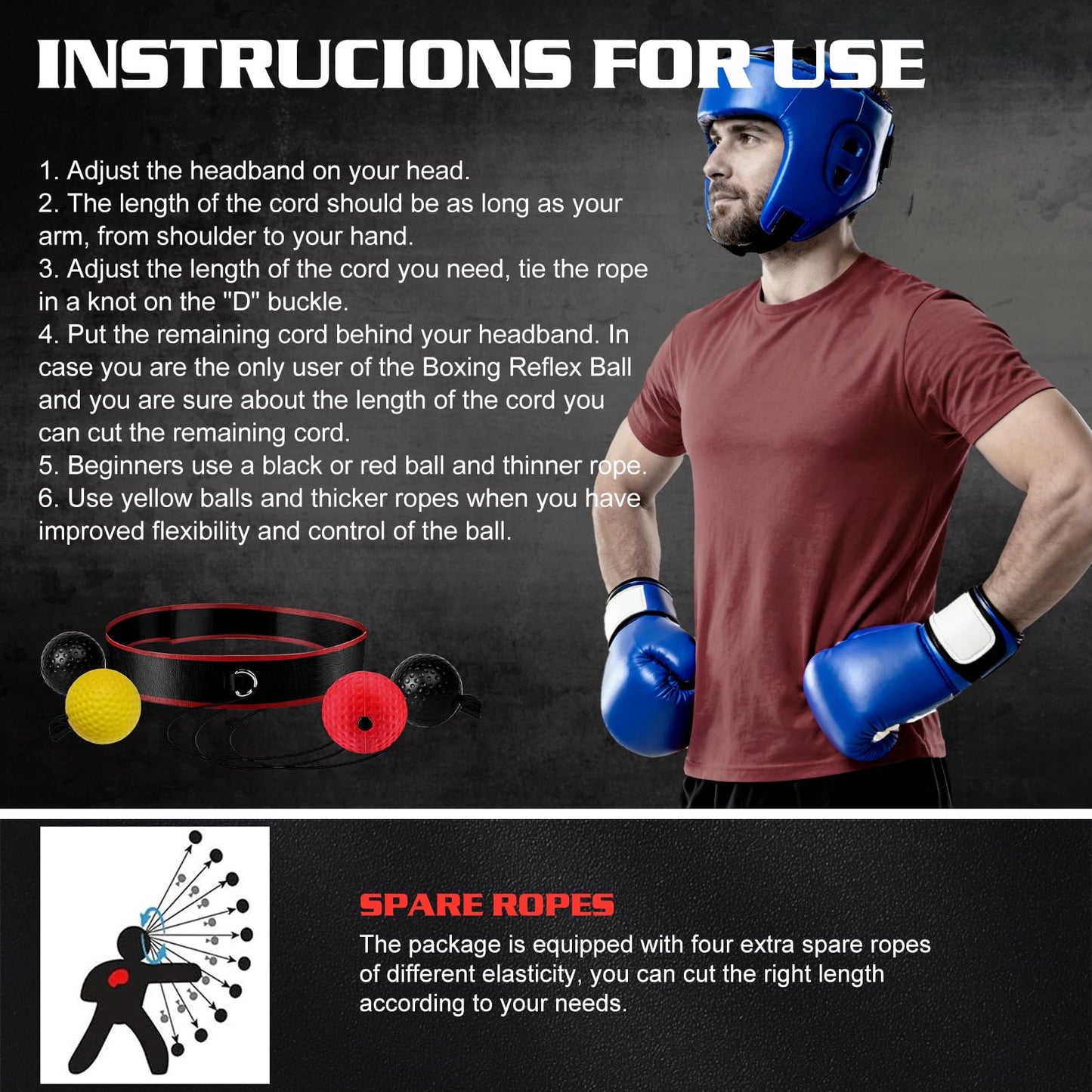 KTEBO® Boxing Reflex Ball Headband Set - Includes 4 Different Balls and 2 Adjustable Headbands for Beginner Proficiency Improvement, Great Boxing Equipment