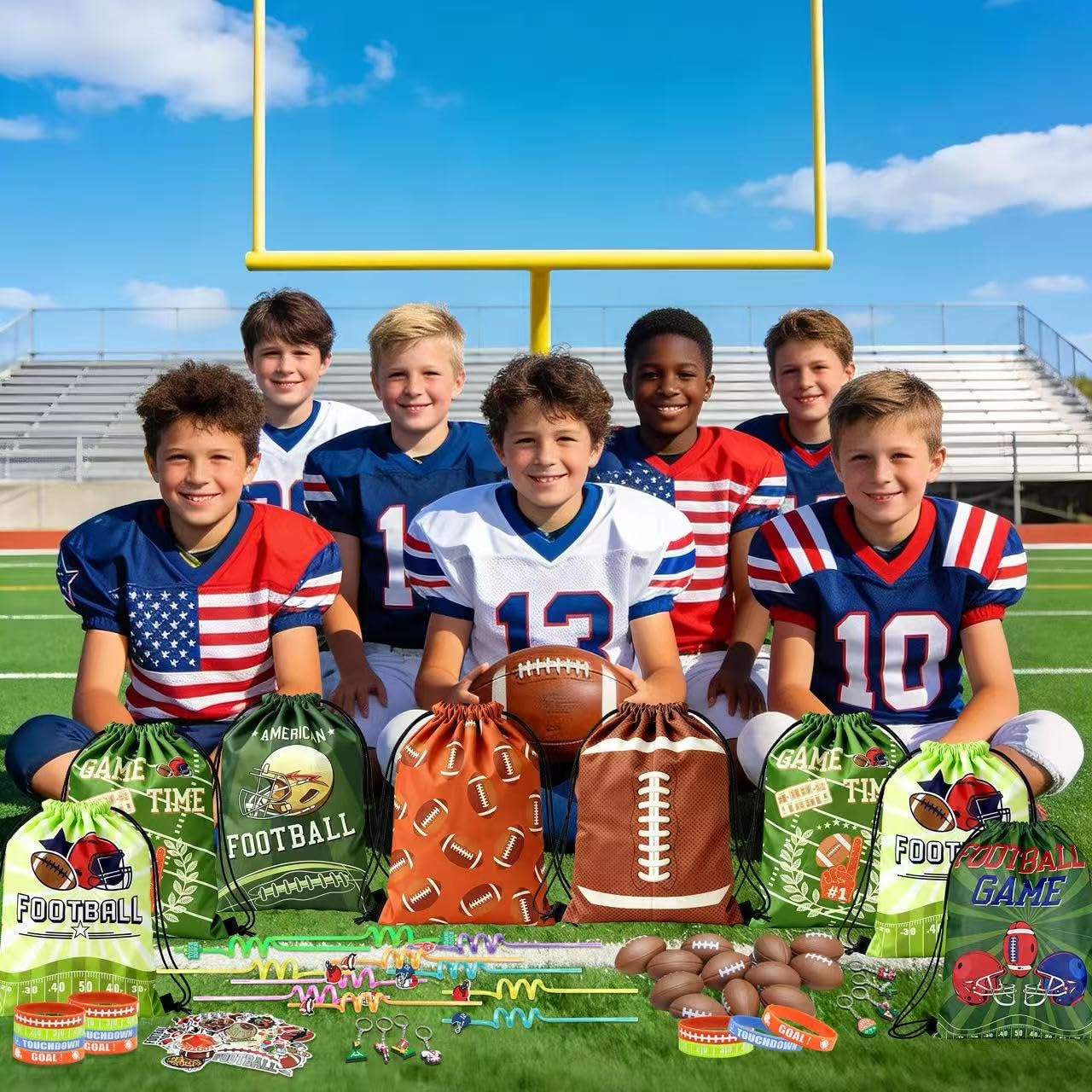 J6&H6 110 Pcs Football Party Favors Football Goodie Bags Including 12 Football Drawstring Bags Stress-relieving Football Straws Keychains silicone Wristband and stickers for FootballParty Gift.