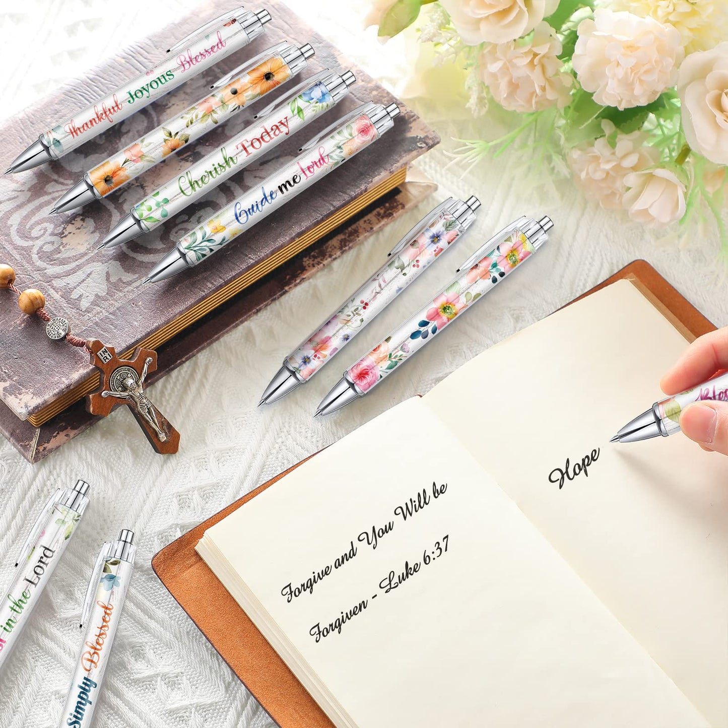 Tinlade 10 Pcs Christian Pens for Women Religious Ink Pens Easter Gifts Inspirational Quotes Bible Verse Ballpoint Funny Office Supplies for Women Men Coworker(Flower)