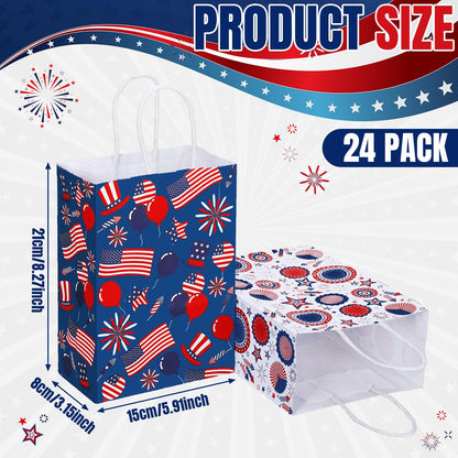Glenmal 24 Pcs 4th of July Gift Bags with Handle Patriotic Red Blue White Gift American Flag Paper Candy Treat Goodie Bags for Wrapping Memorial Day Independence Day Party Favor