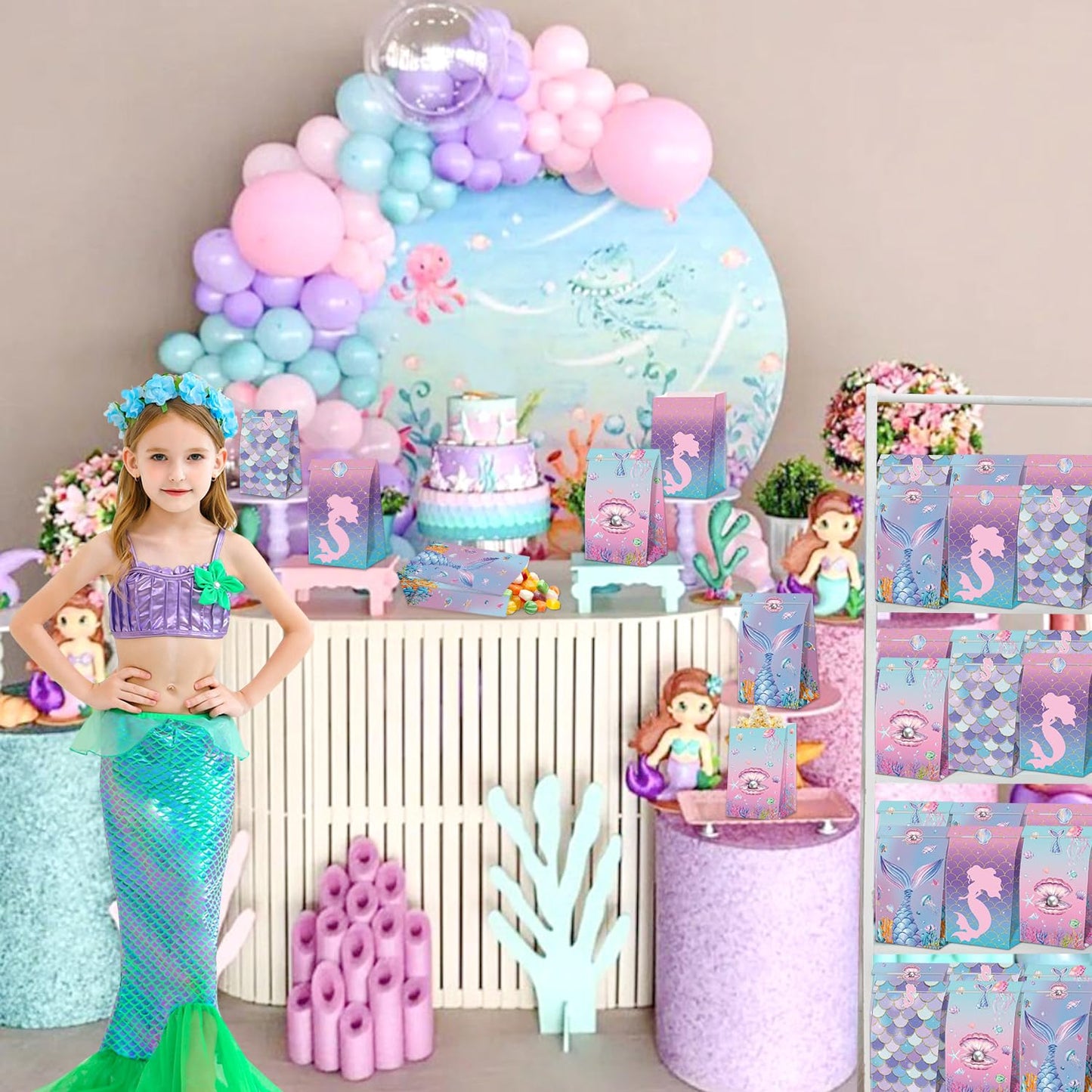 XJLANTTE 20 Pcs Mermaid Goodie Bags - Mermaid Party Favor Bags with Tail Stickers, Under The Sea Paper Gift Bags, Scale Party Bags for Kids Girls Under The Sea Themed Little Mermaid Party Decorations