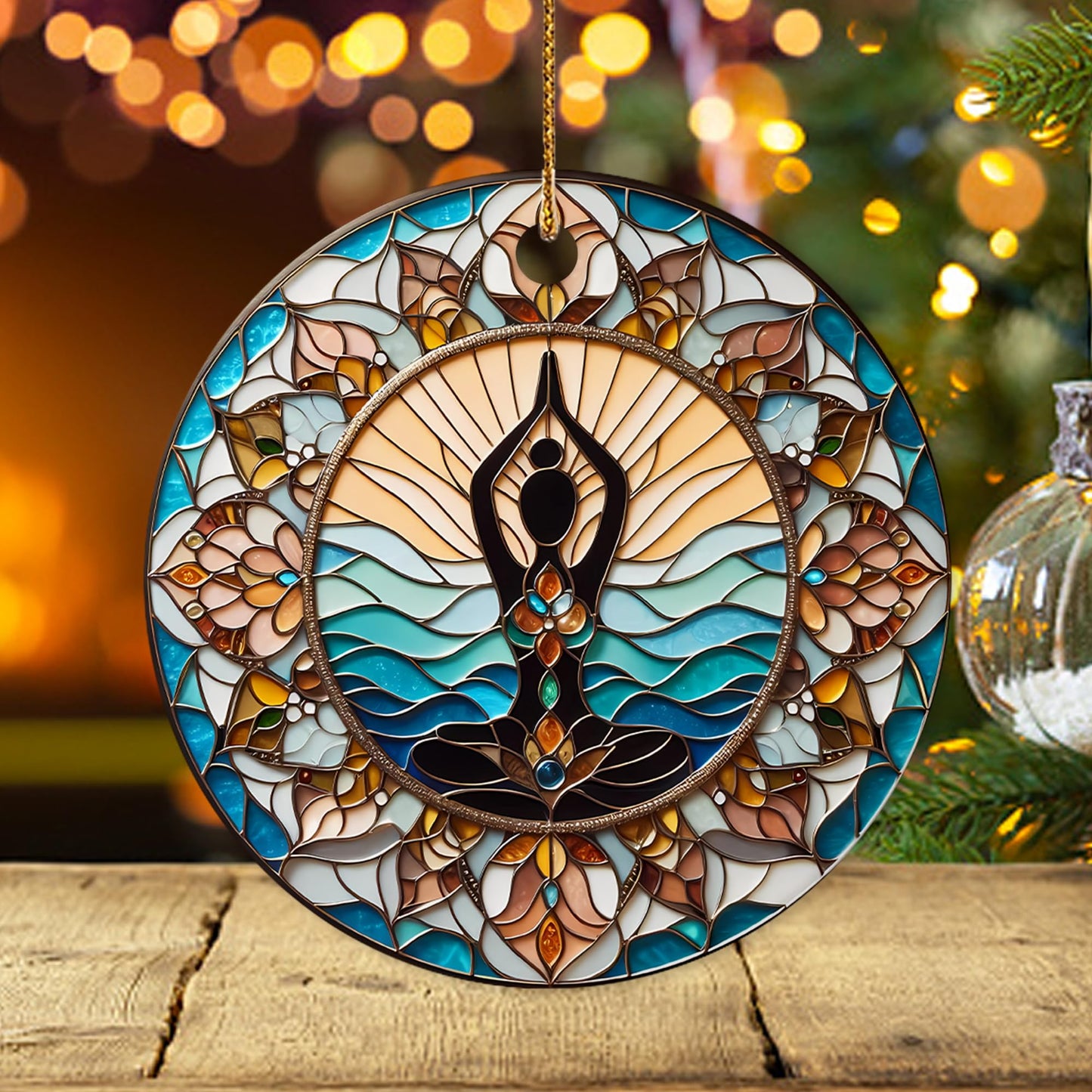 Yoga Meditation Ceramic Ornament – Tranquil Lotus Pose Sun & Waves Design – Spiritual Home Décor Gift for Yoga Lovers, Mindfulness, Zen & Boho Style