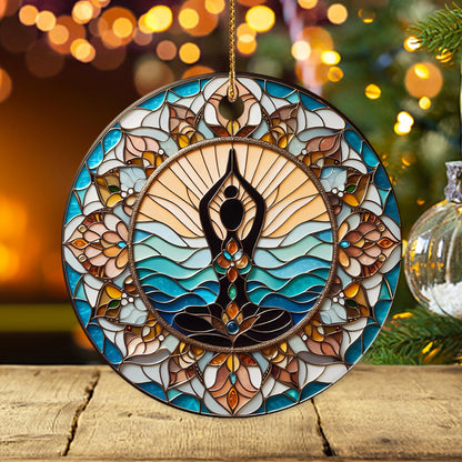 Yoga Meditation Ceramic Ornament – Tranquil Lotus Pose Sun & Waves Design – Spiritual Home Décor Gift for Yoga Lovers, Mindfulness, Zen & Boho Style