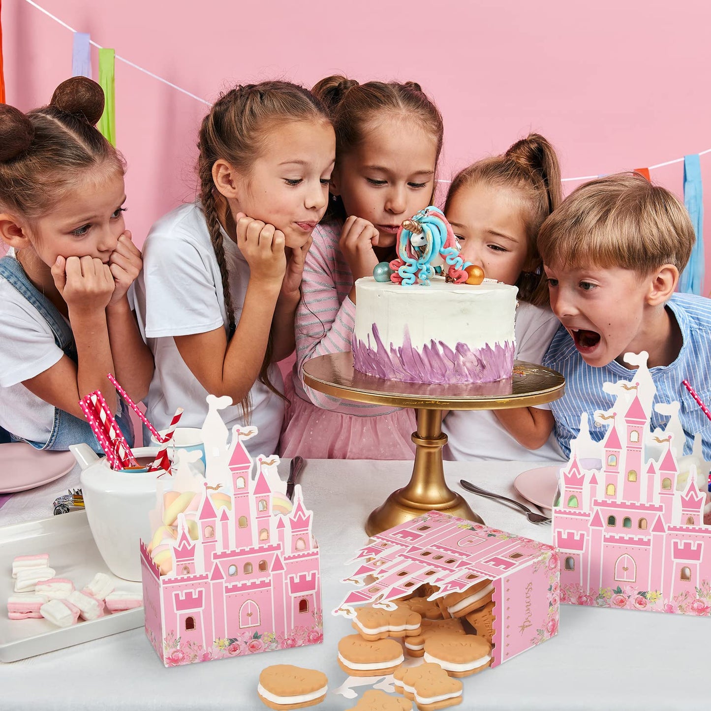Outus 24 Pieces Princess Castle Party Favor Candy Boxes Pink Princess Goodie Bags Castle Favor Gift Bags for Wedding Kids Birthday Party Supplies Baby Shower Decorations 6.4 x 2.4 x 4.1 Inches