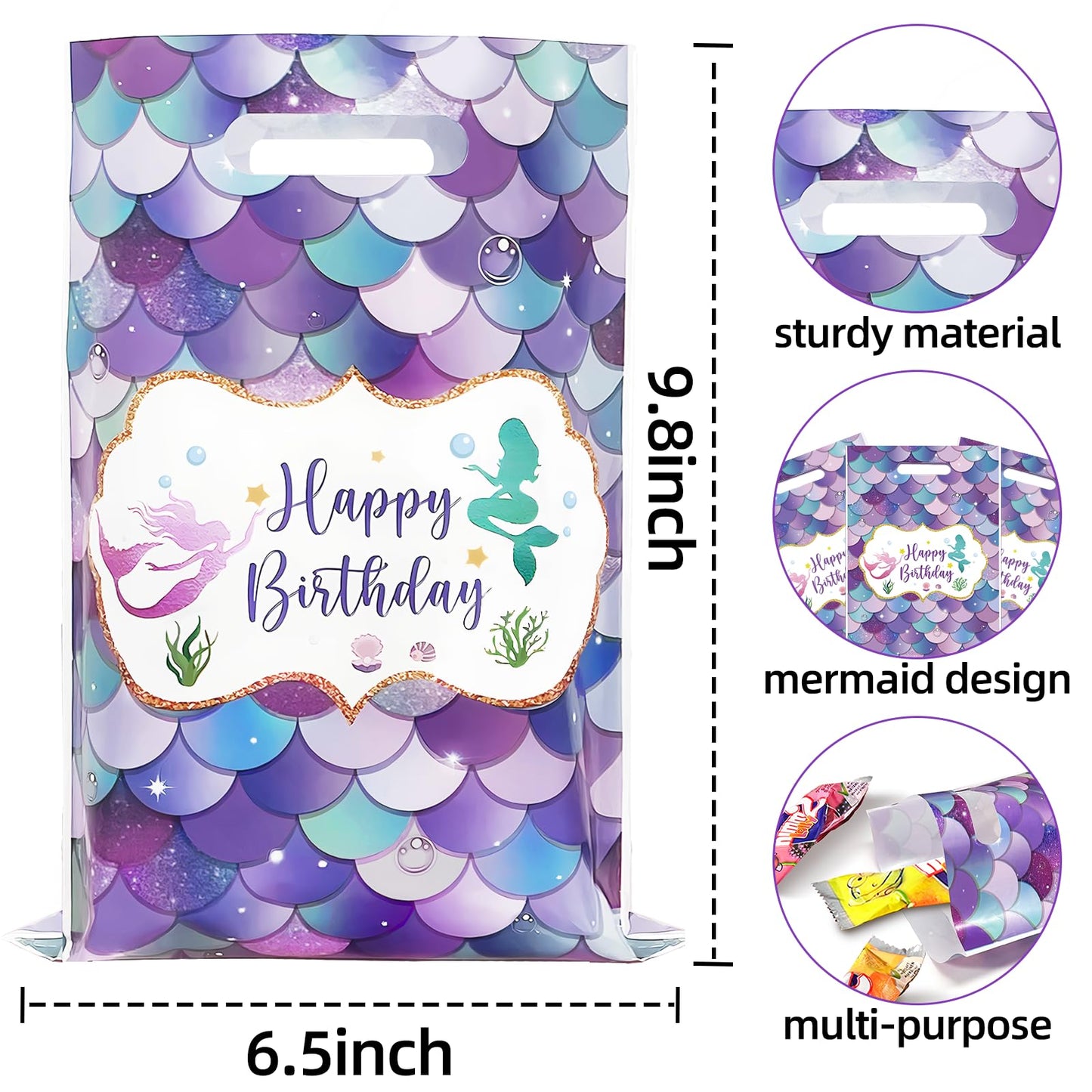 DaiUni 30 PCS Mermaid Birthday Goodie Bags Party Favor Bags Treat Bag with Handles for Kids Girls Mermaid Birthday