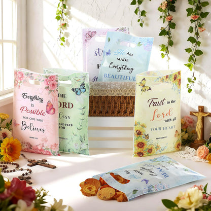 Pajean 100 Pcs Christian Gift Bags Mother's Day Floral Bible Verse Plastic Bags with Handles Religious Party Favor Pouch Inspirational Flower Candy Goodie Pouch for Women Wedding Church Gifts Supply