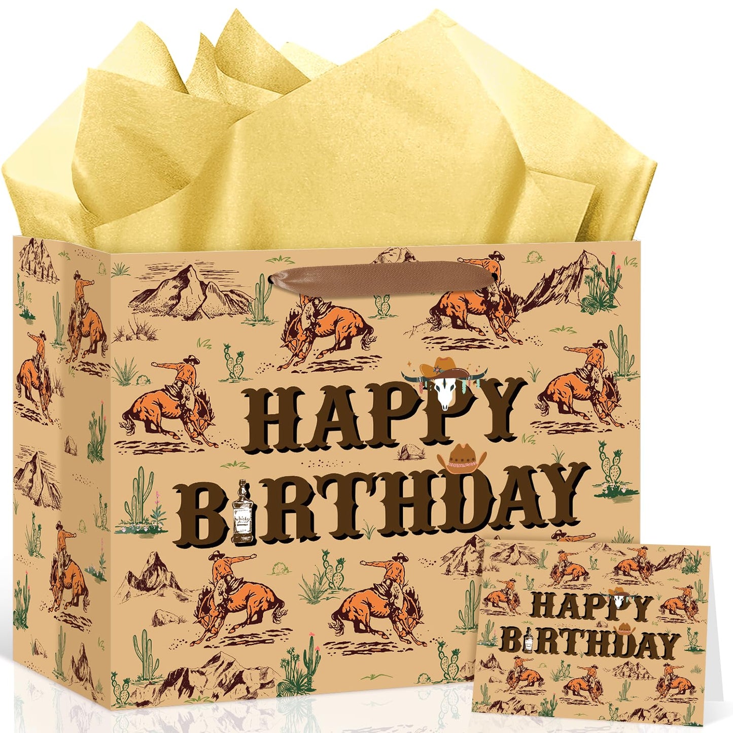 Wauprant Cowboy Birthday Gift Bags,Brown Western Rodeo Cowboy Wrapping Paper Gift Bag with Handles Greeting Card and Paper,Riding Horse Wild West Party Decoration for Men Birthday Western Theme Party
