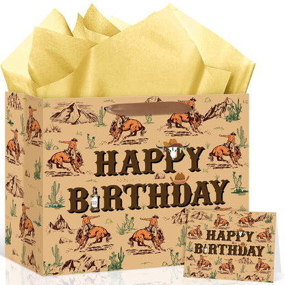 Wauprant Cowboy Birthday Gift Bags,Brown Western Rodeo Cowboy Wrapping Paper Gift Bag with Handles Greeting Card and Paper,Riding Horse Wild West Party Decoration for Men Birthday Western Theme Party