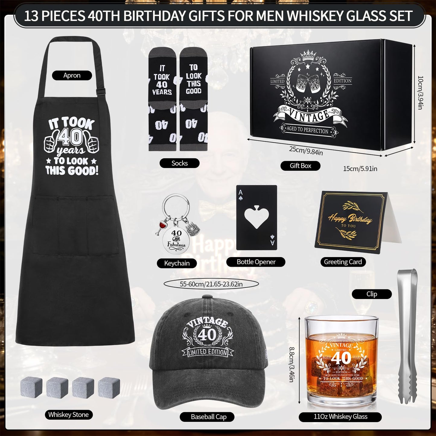40th Birthday Gifts for Men Whiskey Glass Set with 11 Oz Glass, Stone, Ice Tong, Bottle Opener, Cap, Apron, Socks, Keychain, Greeting Card, 40th Birthday Party Supplies for Him, Dad, Husband