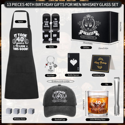 40th Birthday Gifts for Men Whiskey Glass Set with 11 Oz Glass, Stone, Ice Tong, Bottle Opener, Cap, Apron, Socks, Keychain, Greeting Card, 40th Birthday Party Supplies for Him, Dad, Husband