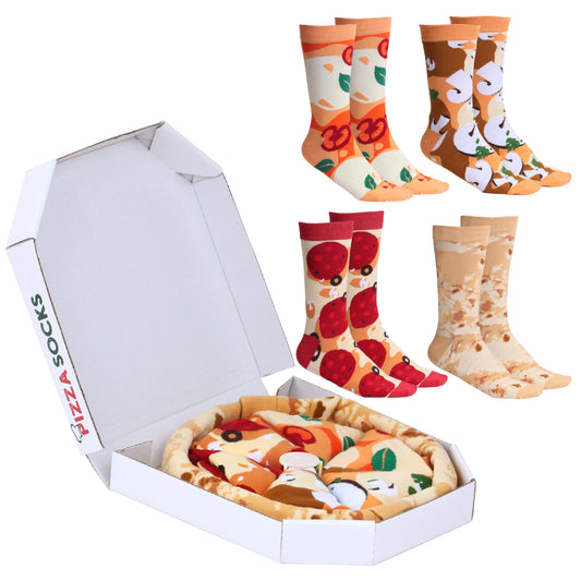 POPCRAZE 4 and 1 Pairs Pizza Socks in a Box with 2 or 4 Designs - One Size Fits Most.Novelty Socks. Mothers Day Gift Idea