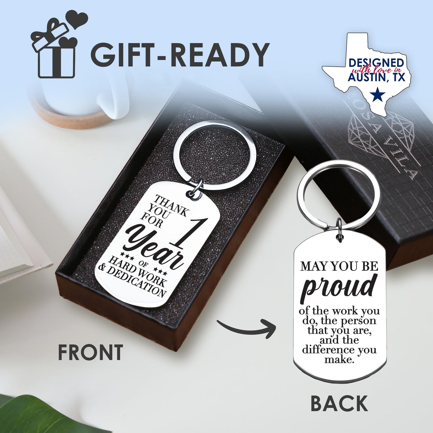 Rosa Vila Work Anniversary Keychain, Employee Gift for Work Anniversary, Coworker, 1-Year, 5-Year, 10-Year, 20-Year