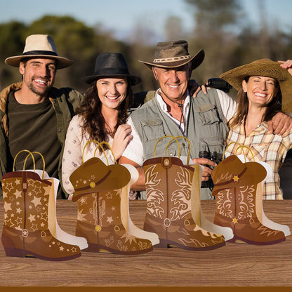 12Pcs Cowboy Boots Paper Bags Western Theme Party Decorations Favors Wild West Kraft Gift Bag with Handles Rodeo Cowgirl Boot Hat Goodie Bag for Cowboy Birthday Bachelorette Baby Shower Party Supplies