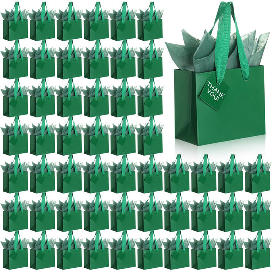 Qilery 50 Pcs Wedding Paper Gift Bags Bulk with Tissue Paper Small Gift Bags with Handle and Tags for Birthday Wedding Mothers' Day Party Business(Green,4.7 x 2.4 x 3.9'')