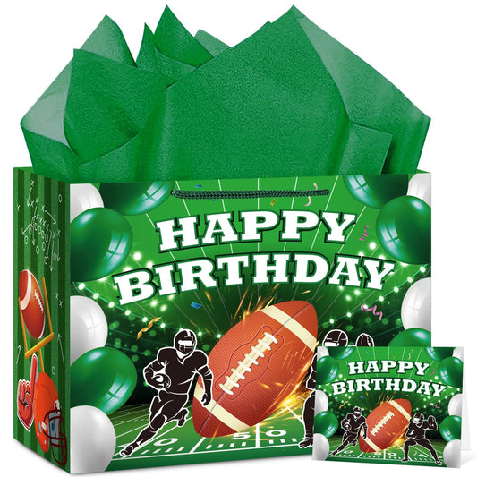 Hooqict Football Gift Bag Football Birthday Party Gift Wrapping Bag with Tissue Paper and Greeting Card for Boys Men Sport Birthday Football Bag Goodie Treat Party Favors
