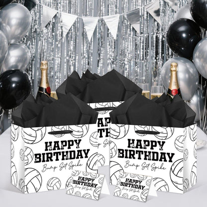 HSKMAKE Large Volleyball Birthday Gift Bag, Black White Volleyball Theme Gift Bag, with Card and Tissue Paper, Sports Party Gift Bags, for Boys, Girls, Fans, Birthday Party Favor Decorations Supplies