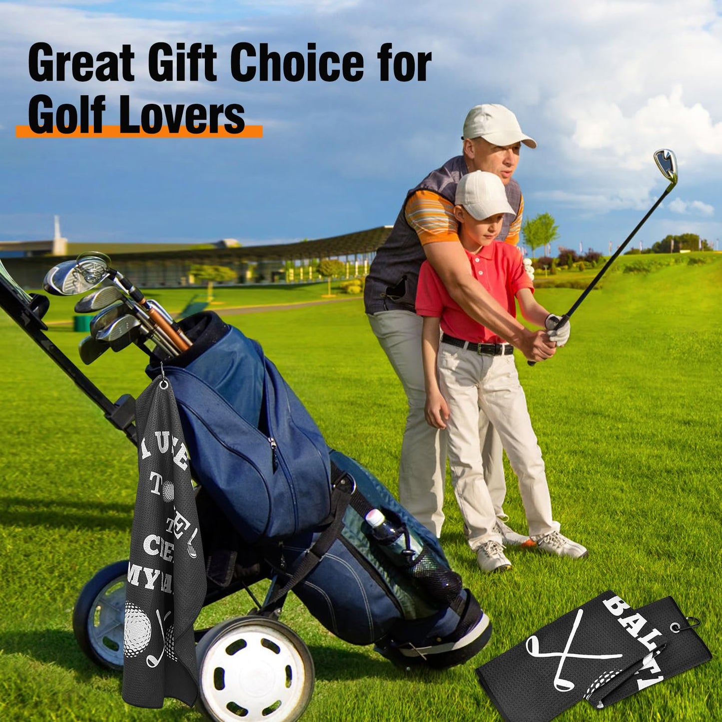 Fathers Day Dad Gifts for Men , Golf Accessories for Men Husband Golfers, Funny Microfiber Towel Cleaning Cloth with Clip for Bags Golf Balls & Clubs, Presents for Birthday Valentines Christmas