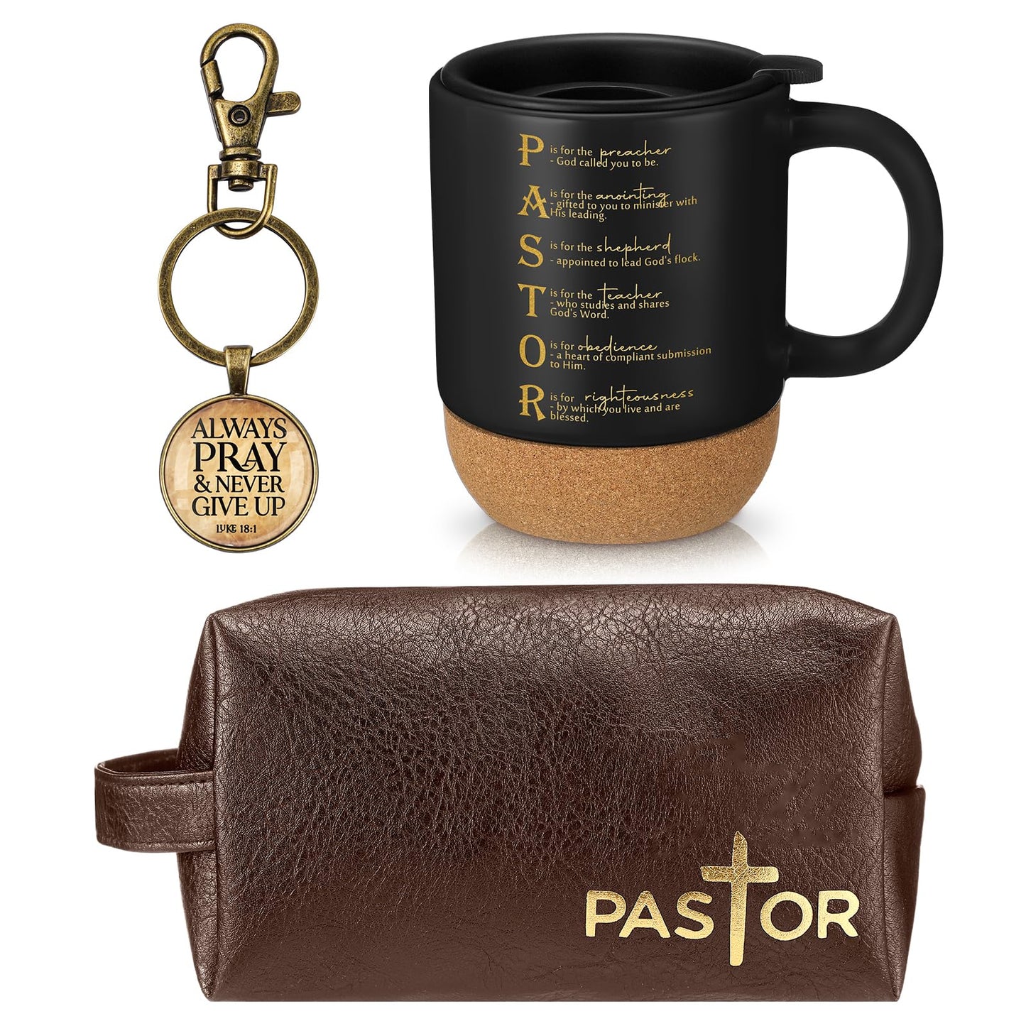 Dansydaisy 3 Pcs Fathers Day Church Gifts 13.5 oz Ceramic Cup with Lid Man of God Religious Leather Bag and Inspirational Christian Keychain for Men Pastor Church Welcome Gifts(Pastor,Brown)
