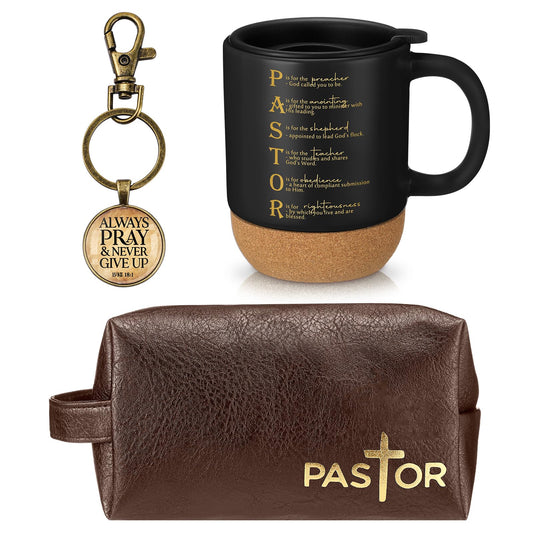 Dansydaisy 3 Pcs Fathers Day Church Gifts 13.5 oz Ceramic Cup with Lid Man of God Religious Leather Bag and Inspirational Christian Keychain for Men Pastor Church Welcome Gifts(Pastor,Brown)