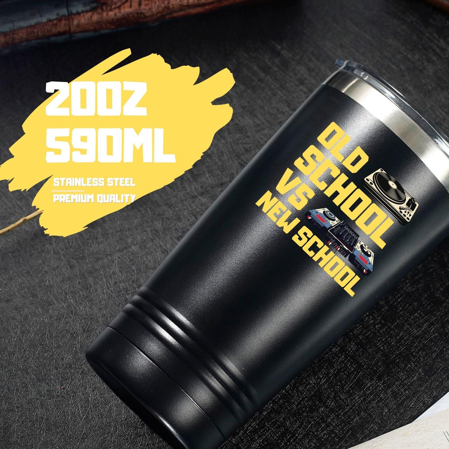 Onebttl DJ Gifts for Men, Women, Disc Jockey Gifts, DJ Tumbler, Old School New School, Gifts for Disco Lovers, Bar Lovers, Stainless Steel Tumbler 20OZ - Black, Manual