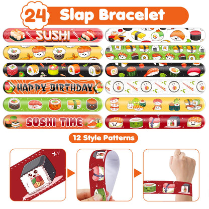 48PCS Sushi Party Set - 24PCS Temporary Pre - cut Tattoos & 24PCS Slap Bracelets - Fun Food-Themed Birthday Supplies, Baby Shower Gifts, Classroom Rewards & Party Decor for Kids (Boys & Girls)