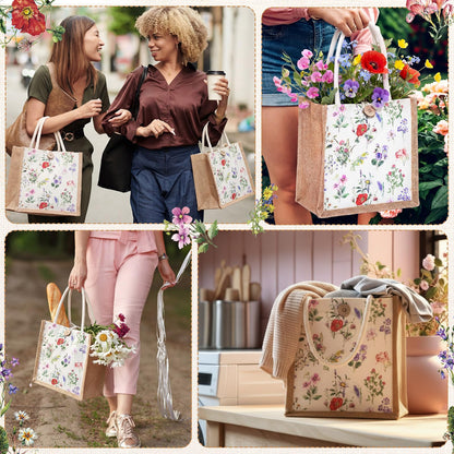 Gilprop 6 Pack Spring Wildflowers Burlap Gift Bags with Handle Button Reusable Jute Tote Bags Flowers Double Sided Tote for Party Wedding Bridesmaid Travel Home Decor 7.9 x 7.9 Inch(Classic)