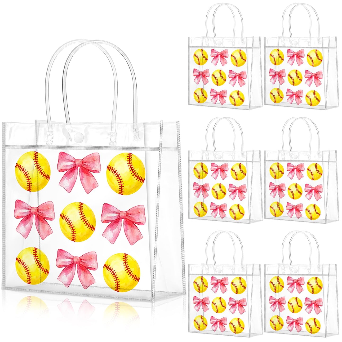 Wesnoy 20 Pcs Cute Softball Gift Bag Pink Bow Softball Goodie Gifts Bags with Handles Reusable Sport Themed Treat Bags for Candy Birthday Party Supplies 8 x 8 x 3.15''