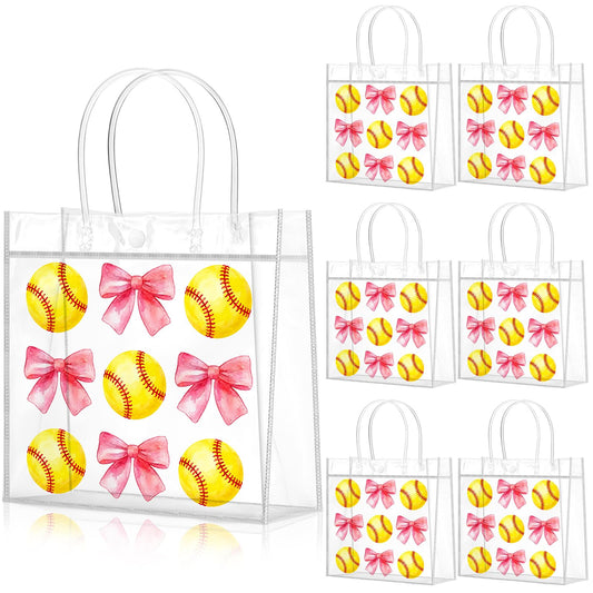 Wesnoy 20 Pcs Cute Softball Gift Bag Pink Bow Softball Goodie Gifts Bags with Handles Reusable Sport Themed Treat Bags for Candy Birthday Party Supplies 8 x 8 x 3.15''