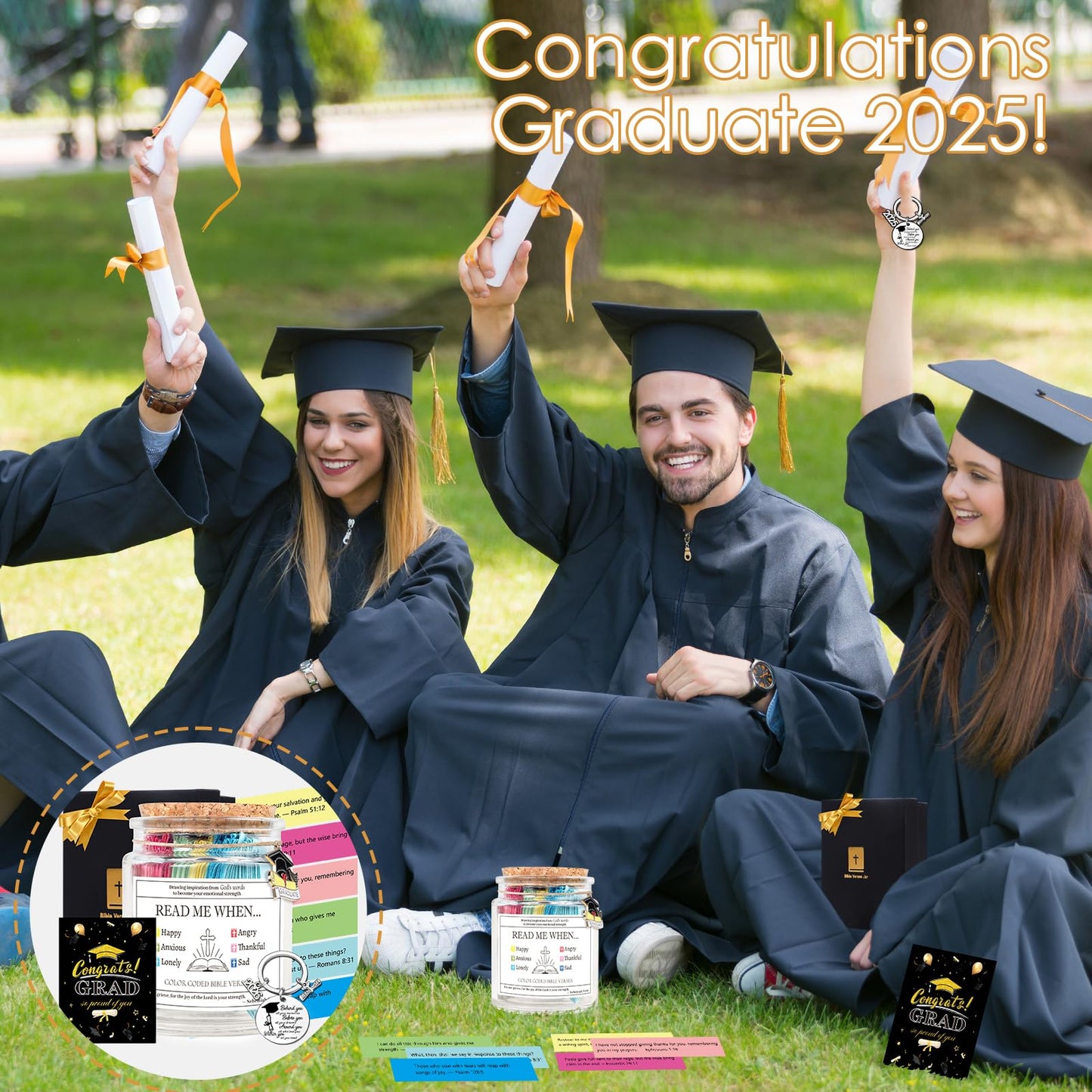 Christian Graduation Gifts to Him - 4Pcs Religious Graduation Gifts, Bible Verse Jar, Keychain, Congrat Grad Cards, High Shool College Master Phd Graduate Gift for Son Grandson Nephew