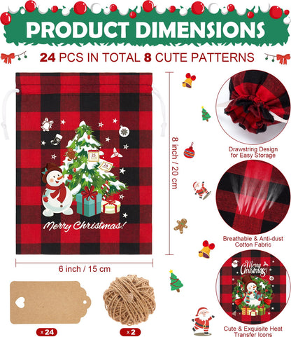 FLOE 24Pcs Burlap Christmas Drawstring Bags, 6x8in Buffalo Plaid Xmas Gift Bags w/Tag Xmas Candy Bag Small Christmas Linen Treat Goody Gift Sacks Reusable Gifts Wrapping Bag Holiday Party Favors Sack