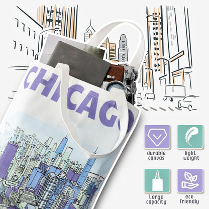 Paterr 6 Pcs Chicago Canvas Tote Bag Watercolor Chicago City Souvenir Gift Souvenir Women Travel Gifts Grocery Shopping Bag Christmas Party Favors