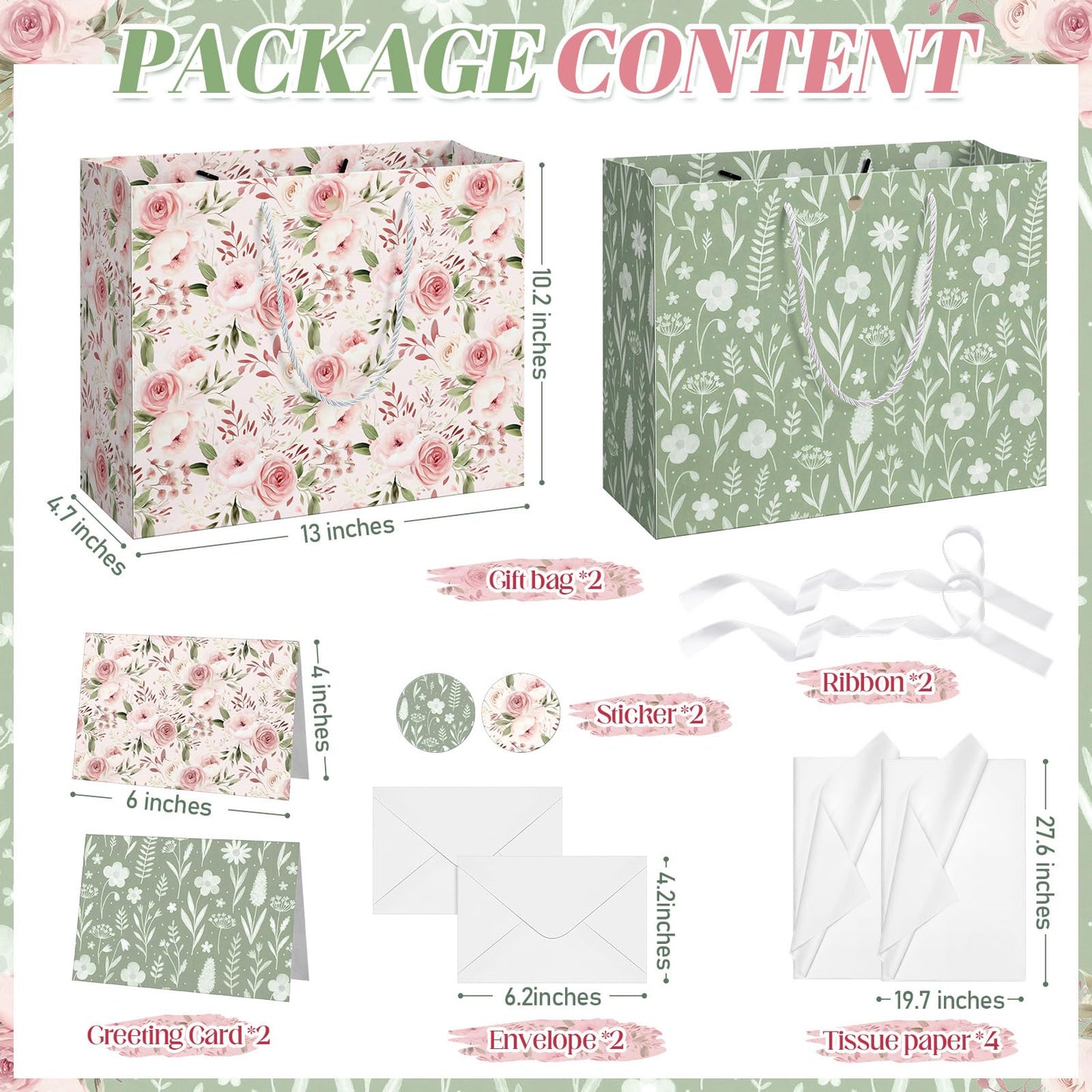 Silkfly 2 Pack Large Floral Gift Bags with Tissue Paper Ribbon Card & Envelope 13'' Flower Gift Bags for Woman Wedding Bridal Shower Baby Shower Birthday Spring Tea Party Flower Girl