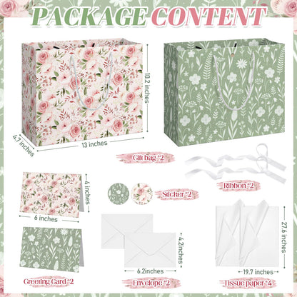 Silkfly 2 Pack Large Floral Gift Bags with Tissue Paper Ribbon Card & Envelope 13'' Flower Gift Bags for Woman Wedding Bridal Shower Baby Shower Birthday Spring Tea Party Flower Girl