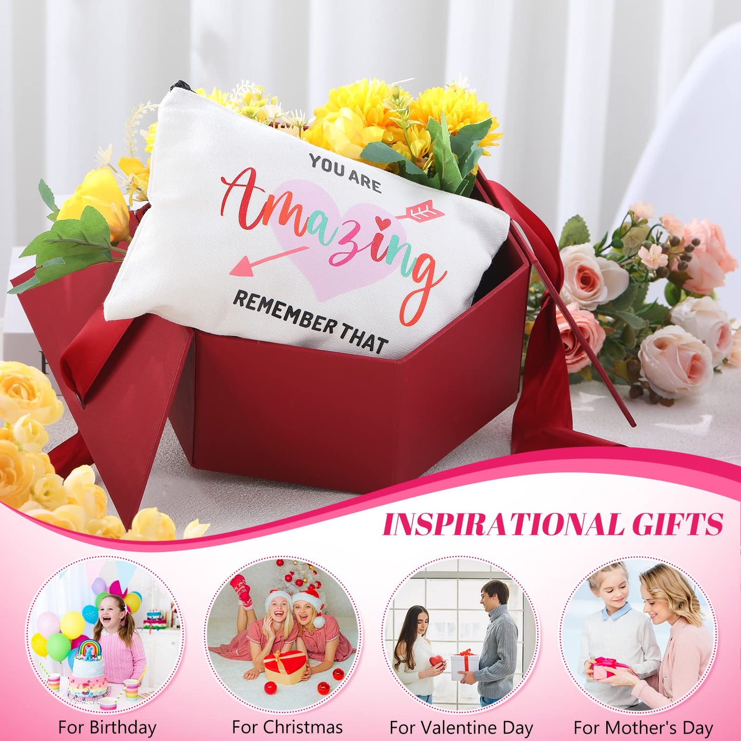 Chunful 10 Pieces Inspirational Canvas Makeup Bags for Women Graduation Gift Rainbow Canvas Cosmetic Bags Bulk with Zipper Friendship Gift Travel Toiletry Pouch(Heart Style)