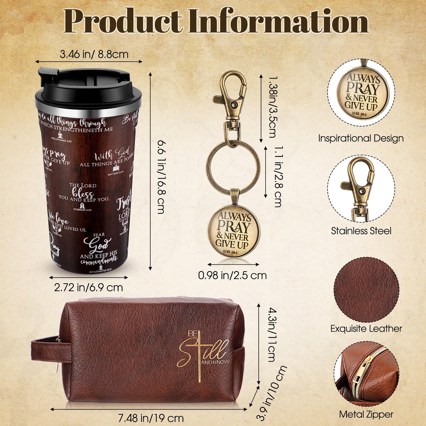 Roshtia 3 Pcs Christian Gifts for Men God Father Appreciation Gifts Bible Faith 20oz Stainless Steel Tumbler with Lid Straw Religious Leather Toiletry Bag Keychain for Birthday Father Day Dad Husband
