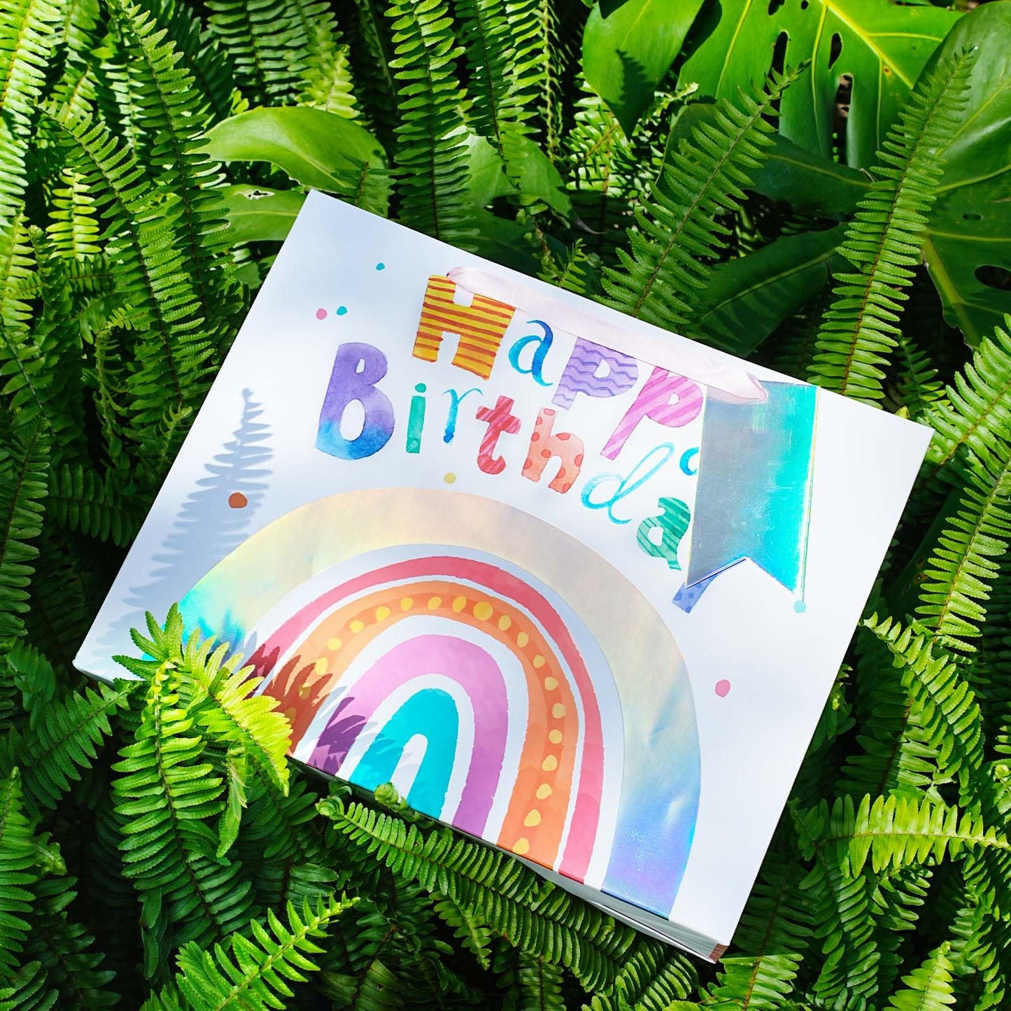 LaRibbons 13" Large Rainbow Birthday Gift Bag with Tissue Paper and Greeting Card, Pink with Holographic Design, Perfect for Girls and Kids Birthday