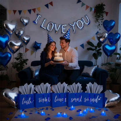 5 Senses Gift Bags Five Senses Gift Bags with Tissue Paper, Rose Petals, Balloons LED Tea Lights Party Decorations for Him Husband Boyfriend (Blue silver)