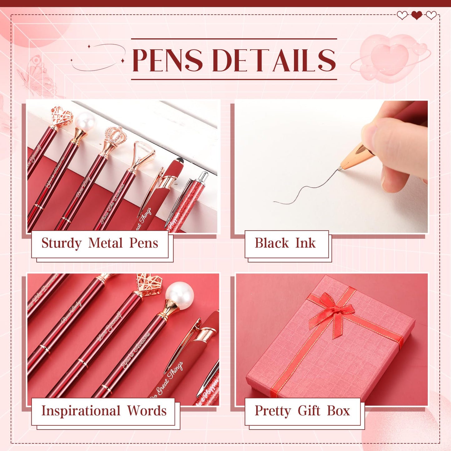 Qeeenar 6 Pcs Fancy Pens for Women Crystal Diamond Pen for Journaling Pretty Glitter Ballpoint with Box Inspirational Gifts for Women Girls College Students Cute Back to School Gifts(Red)